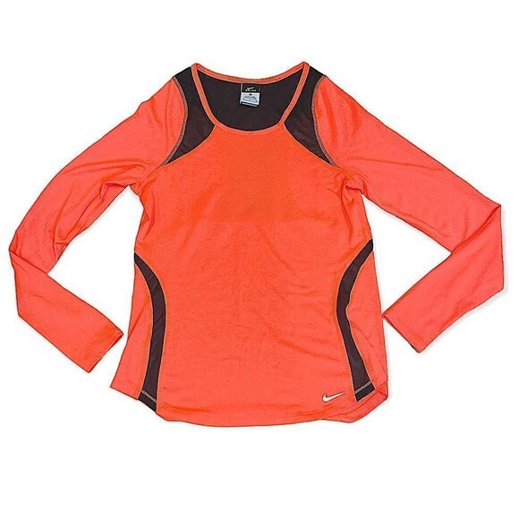 Nike Dri-Fit Long Sleeve Tangerine Orange Black Mesh Workout Shirt Sz S - Picture 1 of 8